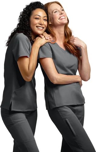 Vista 9 de Olive & Co. Camisas médicas para mujer, color gris peltre, moderno, ajustado, con cuello en V