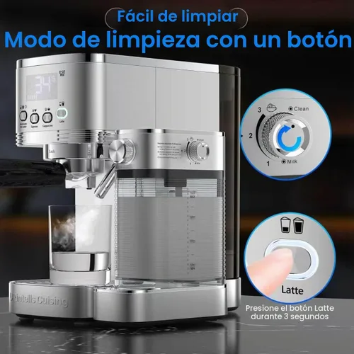 Vista 6 de URintells Cuising - Máquina de café expreso de 20 barras con espumador Cafetera con sistemas de calentamiento rápido duales de 1350 W y 1000 W