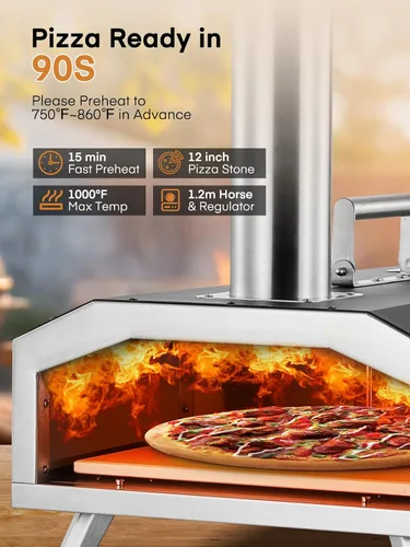 Vista 3 de Horno de pizza para exteriores, horno de pizza portátil de 12 pulgadas de pellets de madera y gas, calienta hasta 1000 °F, con manguera de gas