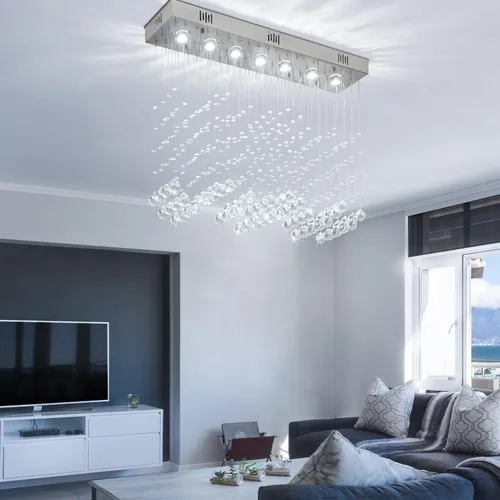 Vista 3 de Candelabro de cristal moderno de 7 luces rectangular de lujo con ondas, lámpara de techo empotrada colgante con gotas de lluvia cromada para isla