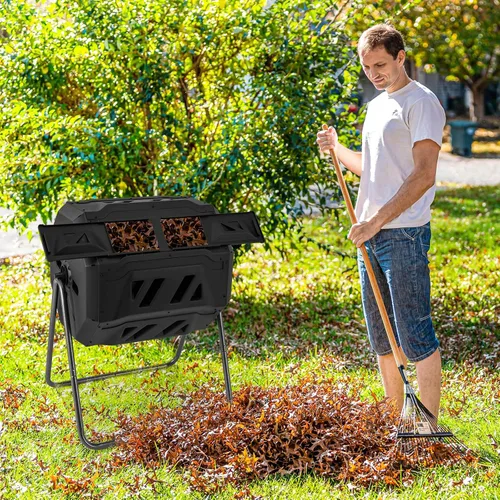 Vista 2 de Goplus Contenedor de compostaje de doble cámara para exteriores de 42 galones con 2 puertas corredizas, marco de metal resistente, compostador Negro