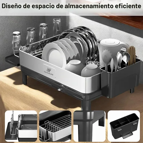 Vista 7 de Escurridor de platos Escurridor de platos de acero inoxidable para encimera de cocina, ahorro de espacio, escurridor de platos con drenaje