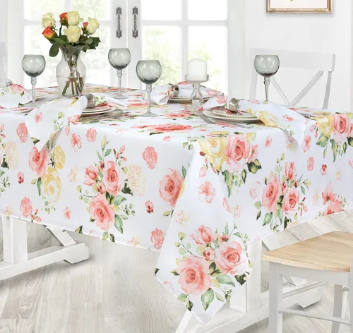 Vista 3 de Newbridge Marie - Mantel de tela floral, rectangular de 52 x 70 pulgadas Pétalo de rosa amarillo y rosa, resistente a las manchas y a las arrugas