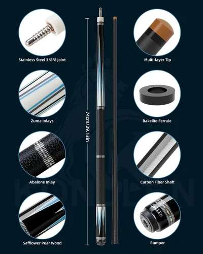 Vista 8 de KONLLEN Carbon Fiber Pool Cue Hand-Inlaid Design Low Deflection 58 Inch Azul-0.5 in