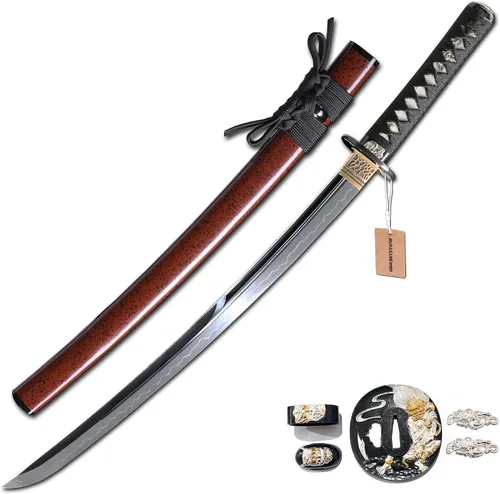 Vista 8 de MURASAME Wakizashi Sword T10 - Arcilla de acero templada real Hamon Full Tang muy afilada