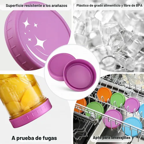 Vista 3 de Paquete de 12 tapas para frascos Mason de boca regular para Ball, Kerr y más, tapas de almacenamiento de plástico multicolor para tarros Mason