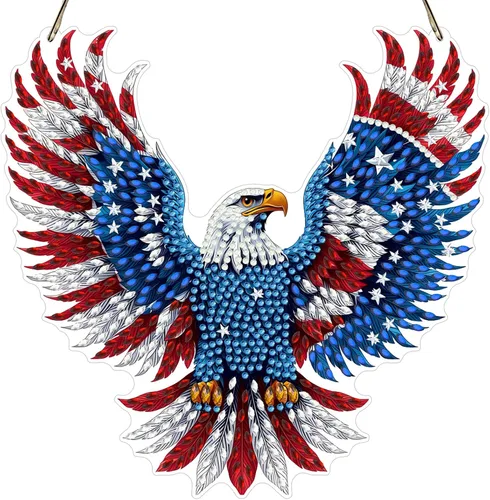 Vista 26 de MXJSUA Atrapasoles con pintura de diamante de águila calva americana, kits de arte de diamantes para adultos, adornos colgantes con cadena