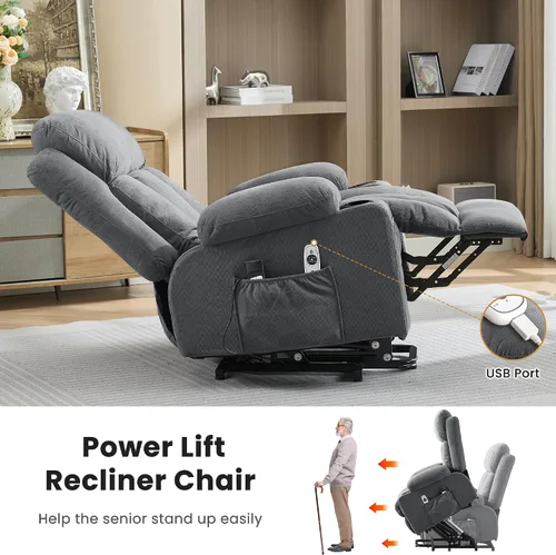 Vista 5 de Silla reclinable de gran tamaño con masaje y calor para ancianos, silla reclinable extra ancha con bolsillo lateral, silla elevadora eléctrica con 2