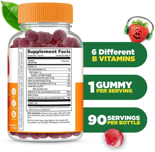 Vista 2 de Lifeable Complejo de vitamina B para niños con VIT C Gomitas de complejo B de gran sabor Complejo B vegano para niños Apoyo energético