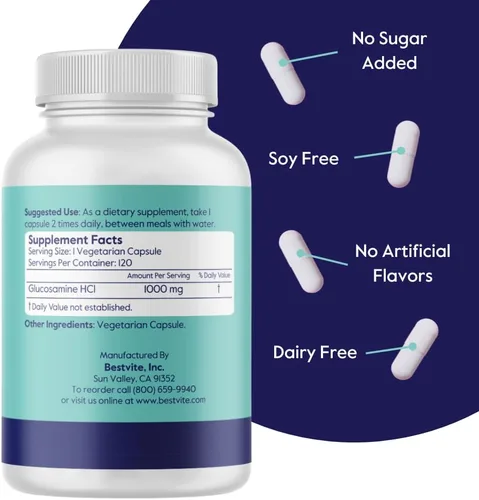 Vista 2 de BESTVITE Glucosamina vegetariana 1000 mg (120 cápsulas vegetarianas) - Sin estearatos - Sin rellenos