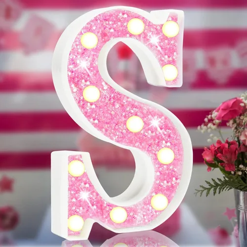 Vista 18 de Letras rosas iluminadas con purpurina, letras del alfabeto rosas, letreros de luces LED en marquesina rosas con batería para iluminación nocturna