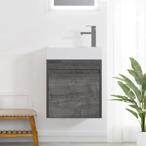 Vista 13 de Tocador de baño flotante de 12 pulgadas con fregadero, tocador de pared de 12 pulgadas, tocador de esquina, con 1 puerta y lavabo de cerámica
