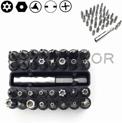 Vista 2 de Juego de puntas de seguridad Phillips Torx Hex Star de 33 piezas a prueba de manipulaciones [P/N: ET001-33-BK]