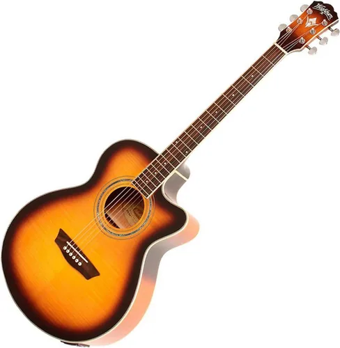 Vista 19 de Washburn Festival EA15 Mini Jumbo Cutaway, guitarra eléctrica acústica, ráfaga de tabaco Parte superior de arce figurada; Mini corte gigante