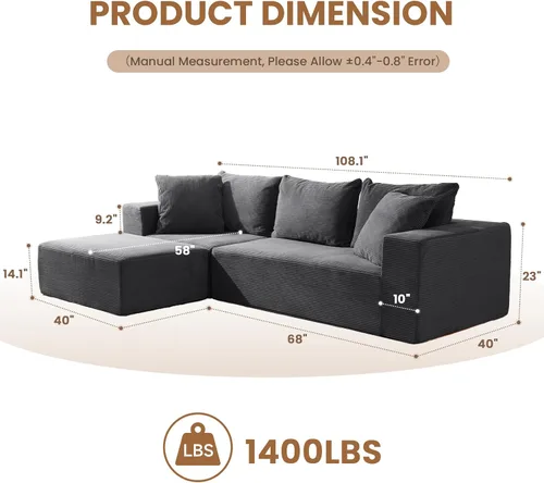 Vista 11 de Sofá modular seccional, sofá deshuesado en forma de L de 108 pulgadas con asiento profundo, sofá nube de pana para sala de estar, dormitorio,