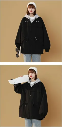 Vista 6 de Sudaderas góticas con botones para mujer, abrigo de manga larga Acubi, Y2K, punk, con cordón, sudaderas de gran