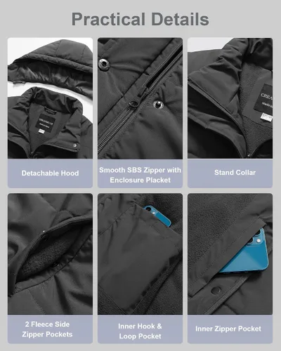 Vista 6 de CREATMO US Chaqueta acolchada cálida de talla grande para mujer, abrigo de invierno con forro polar impermeable con capucha extraíble