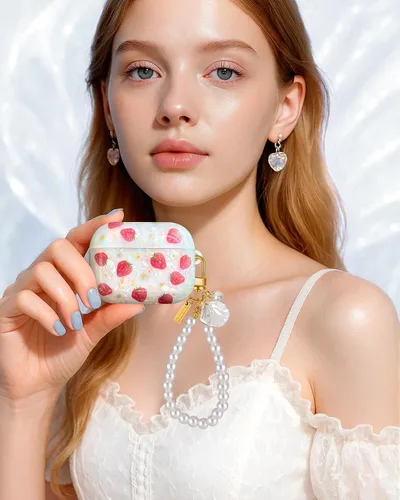 Vista 3 de Funda para AirPods Pro/Pro 2 con llavero de perlas, diseño de concha con purpurina para niñas, bonita y elegante funda Kawaii para Apple