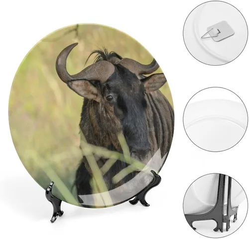 Vista 4 de Plato decorativo para colgar en la pared, plato de cerámica de ñu azul animal, platos divertidos para cena, plato decorativo de mesa, plato