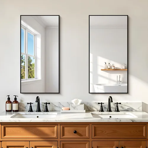 Vista 19 de KOCUUY Espejo de baño negro, espejo rectangular de 24 x 18 pulgadas para sobre el fregadero, espejo de pared decorativo moderno para dormitorio