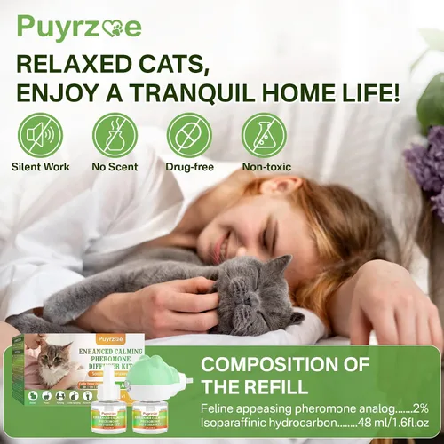 Vista 8 de puyrzoe Difusor calmante para gatos con función de temporizador, kit de difusor calmante de feromonas para gatos 3 en 1, alivio de la ansiedad de 60