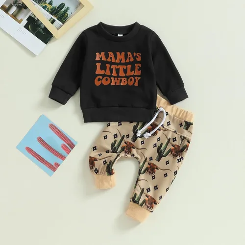Vista 3 de SAYOO Ropa occidental para bebé niño, sudadera con estampado de vaca, pantalones deportivos de 2 piezas, trajes de vaquero para otoño e invierno