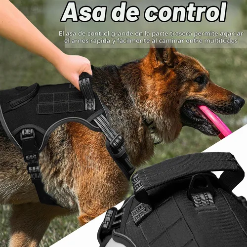 Vista 5 de Arnés táctico para perros grandes, chaleco de servicio militar resistente sin tirones con asa de control y 4 parches, arnés ajustable reflectante
