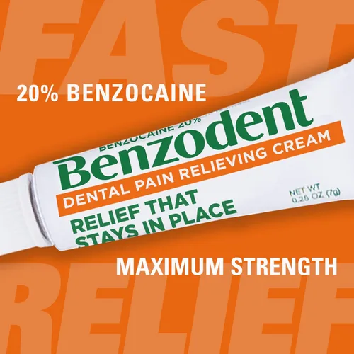 Vista 2 de Benzodent Crema para aliviar el dolor dental y oral de máxima fuerza para dentaduras, llagas bucales y aparatos ortopédicos, anestésico tópico