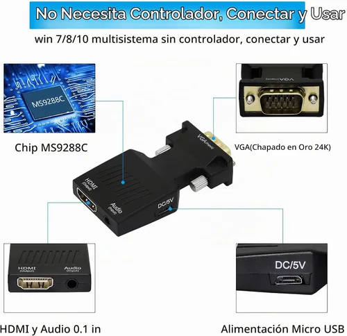 Vista 3 de YACSEJAO Adaptador VGA a HDMI 1080P VGA macho a HDMI hembra convertidor (Cable)