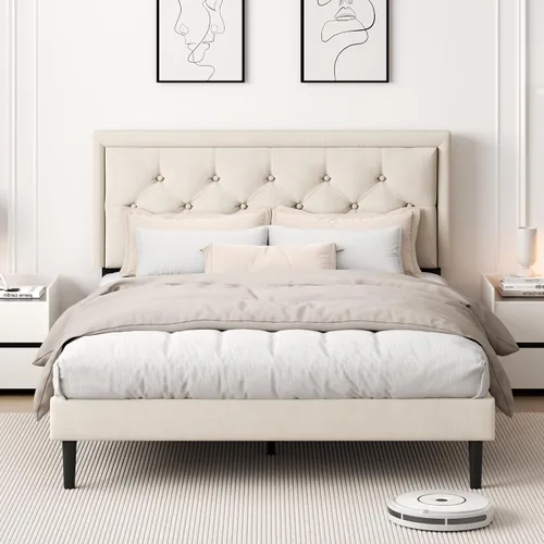 Vista 4 de CXVX Base de cama tamaño matrimonial con plataforma tapizada con botones de terciopelo incrustados, base de colchón con soporte de listones
