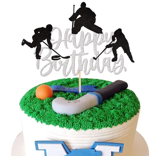 Vista 12 de 24 piezas de decoración de hockey para cupcakes, jugadores de hockey con purpurina negra, para cupcakes, hockey sobre hielo, temática deportiva