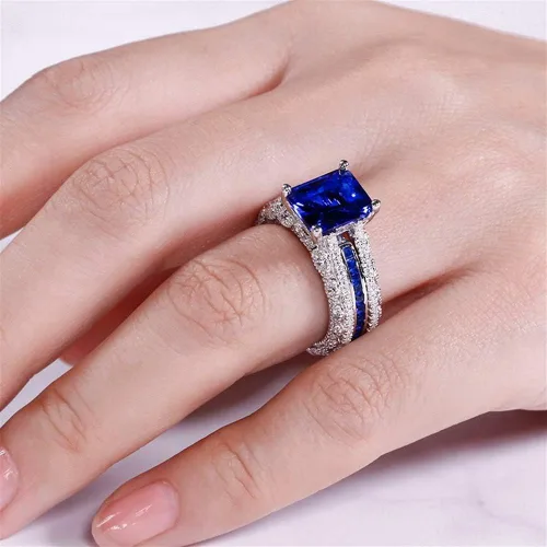 Vista 5 de Jeulia Anillo de corte radiante de boda 3 piezas de anillo de compromiso de diamantes CZ Anillos de compromiso de compromiso de compromiso