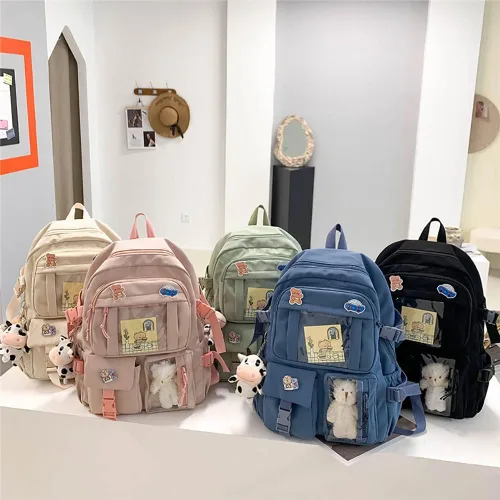 Vista 5 de Mochila Kawaii con lindo pin y accesorios, linda mochila Kawaii para mochila escolar, mochila Kawaii para niña, Rosado-2, Kawaii, lindo