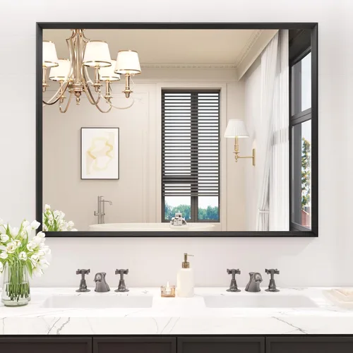 Vista 72 de JISOSO - Espejo de baño negro de 20x30 pulgadas con marco de metal negro, espejo de tocador rectangular redondeado con acabado mate para pared