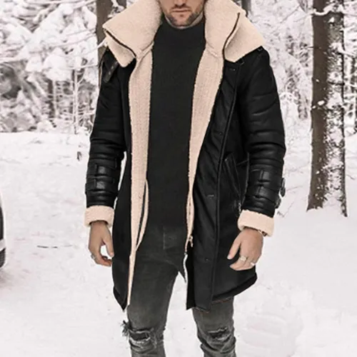 Vista 2 de WOSJKDJ Chaqueta de cuero de ante para hombre, abrigo térmico de piel sintética con forro de sherpa para invierno, abrigo con bolsillos, Negro
