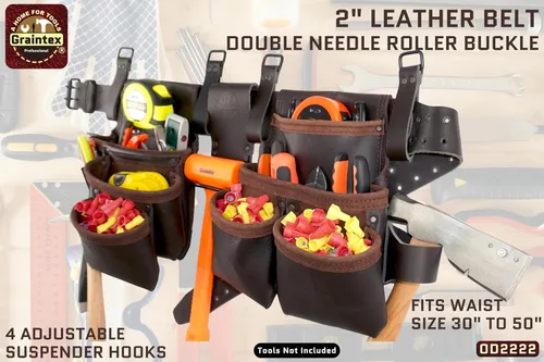 Vista 7 de Graintex Cinturón de herramientas de carpinteros de 13 bolsillos, combo de 4 piezas de bolsa de herramientas de cuero de grado industrial, cinturón