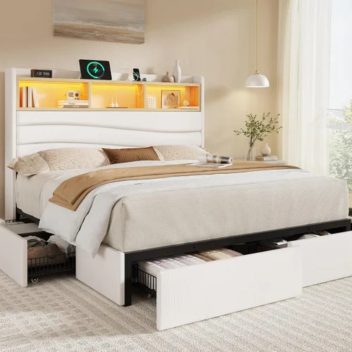 Vista 12 de BRELTAM Base de cama tamaño Queen con 6 cajones de almacenamiento, plataforma tapizada de lino con estación de carga y luces LED, diseño de cabecera