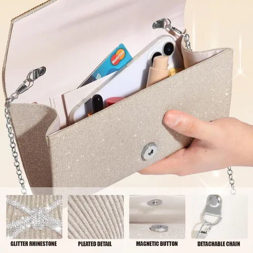 Vista 5 de Bolso de noche para mujer, bolsos de mano con lazo brillante, bolsa cruzada, bolsa de boda, fiesta de diamantes de imitación con purpurina