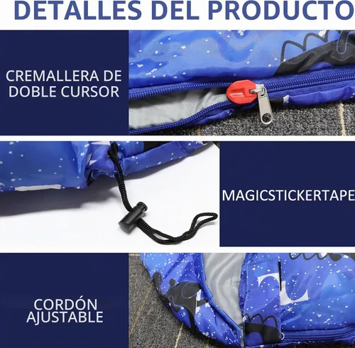Vista 4 de Sacos de dormir para niños - Sacos de dormir para acampar con bolsa de transporte - Saco de dormir compacto para senderismo, mochilero para 3 Azul