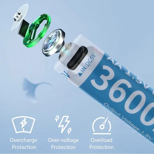 Vista 5 de Baterías de litio recargables AA, paquete de 4 baterías de iones de litio recargables USB-C de 1.5 V 3600 mWh con cargador USB a tipo C 4 en 1
