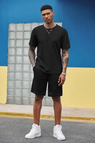 Vista 41 de COOFANDY Conjunto de camisa y pantalones cortos de gofre para hombre, conjunto de 2 piezas, conjunto casual de verano con bolsillos