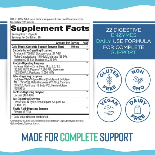 Vista 2 de Vital Planet Enzimas digestivas Digestivas Daily Digest Soporte Completo Fórmula de enzimas naturales Apoya la descomposición de proteínas, grasas e