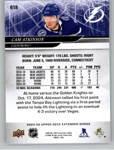 Vista 2 de 2024-25 Upper Deck Extended #618 Cam Atkinson Tampa Bay Lightning NHL Hockey Base Trading Card