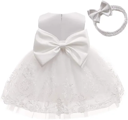 Vista 13 de 3M-6T Vestidos de Encaje con Lazo para Niñas Pequeñas Vestido de Gala Bordado para Bebé con Diadema