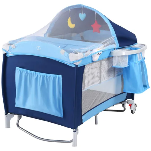 Vista 6 de HONEY JOY Empaca y juega con moisés, 4 en 1 portátil para bebé con cambiador, red y juguetes lindos, bolsa de almacenamiento de pañales, caja de Azul