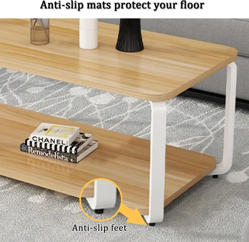Vista 6 de YVYKFZD Mesa auxiliar de madera, mesa central de 2 niveles con patas de metal, mesa de té rectangular para sala de estar, mesa auxiliar de cóctel