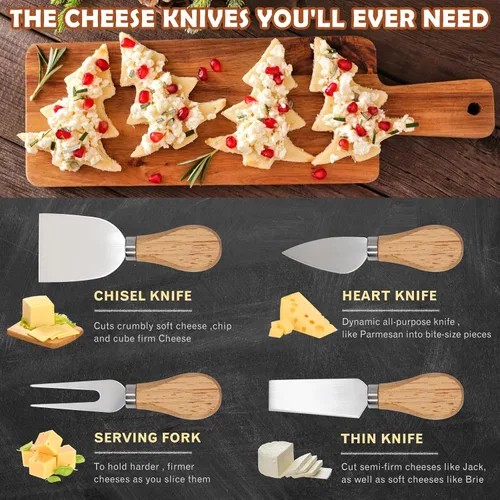Vista 3 de Juego de cuchillos de queso para embutidos – 4 cuchillos de queso pequeños de acero inoxidable y tenedor con soporte magnético de madera de acacia