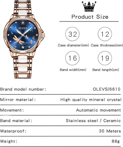 Vista 6 de OLEVS Elegante reloj automático para mujer, elegante, de cara grande, con diamante, resistente al agua, correa de cerámica de acero inoxidable