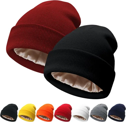 Vista 10 de NPQQUAN 2 PCS Satin Lined Beanie for Women Silk Lined Beanies Winter Warm Soft Lining Cuffed Knit Beanie Hats for Women