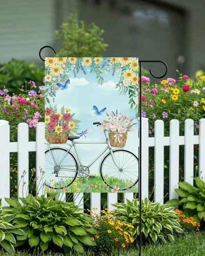 Vista 4 de Bandera de bienvenida para primavera y verano para bicicleta, diseño de margaritas, mariposa, paisaje, jardín, patio, 12 x 18 pulgadas, poliéster